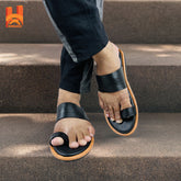 Stylish Black Genuine Leather Sandal Original Leather Men’s Flat Sandal with Toe Ring